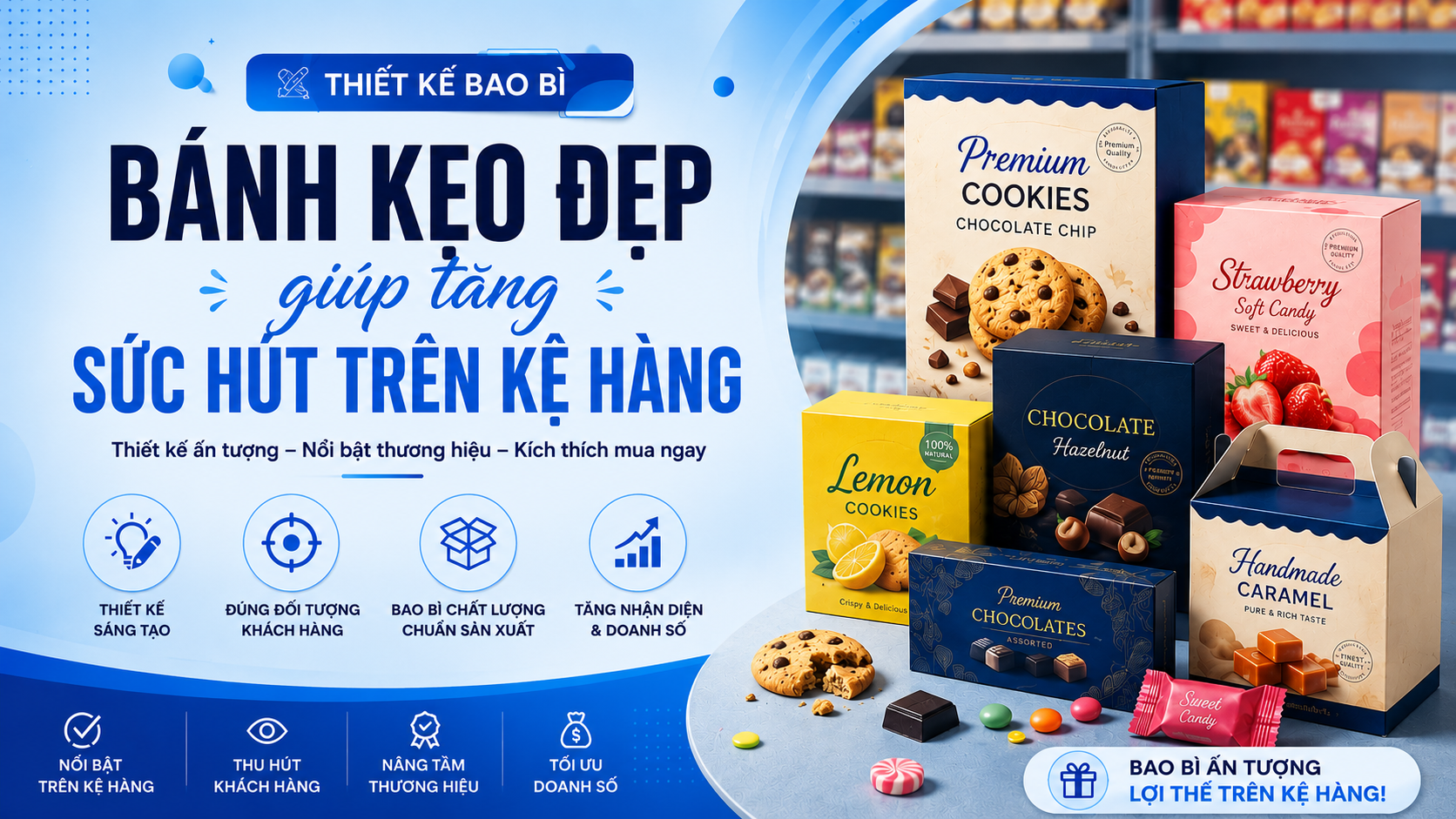 Thiết kế bao bì bánh kẹo đẹp giúp tăng sức hút trên kệ hàng